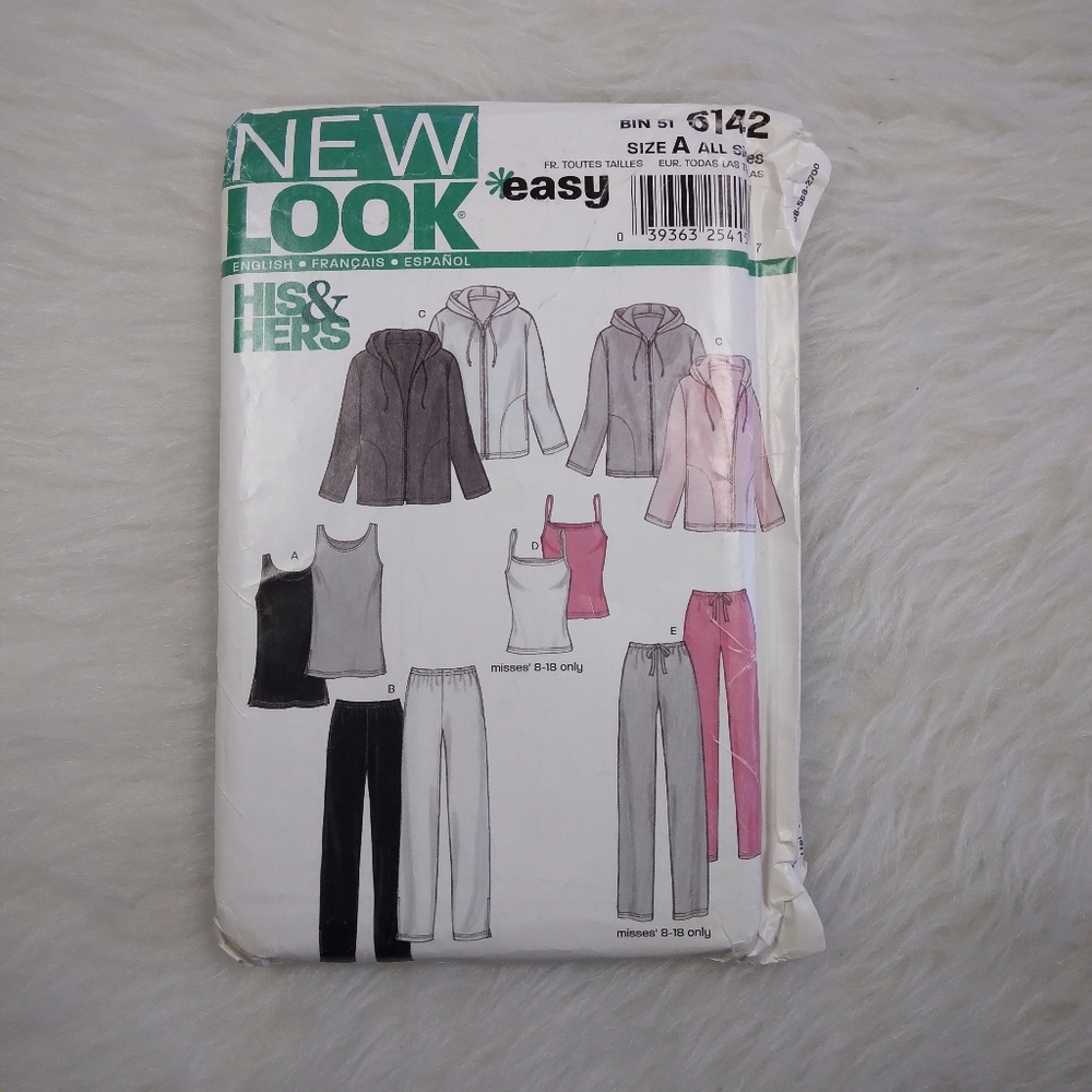 NEW LOOK 6142 His & Hers Tank top, pull on pants, full zip hoodie jacket, XS-XL